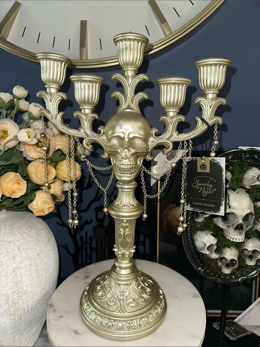 Halloween Tassel Gold Skull Five-Arm Candelabra Candle Holder